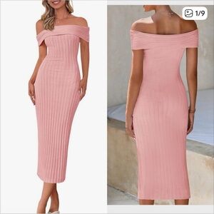 Chic Off-Shoulder Ribbed Midi Dress in Pink